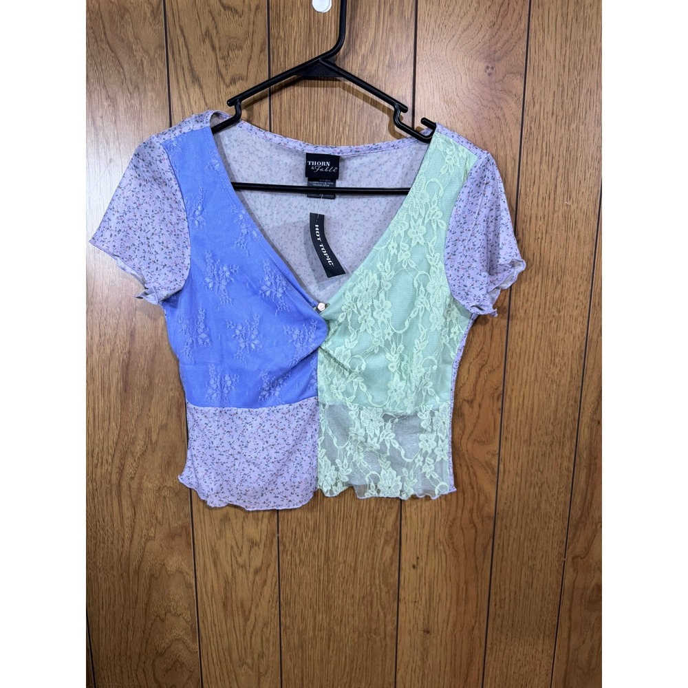 Thorn & Fable Cropped Lace Patchwork Floral Embroidered Baby Tee Size XL NWT